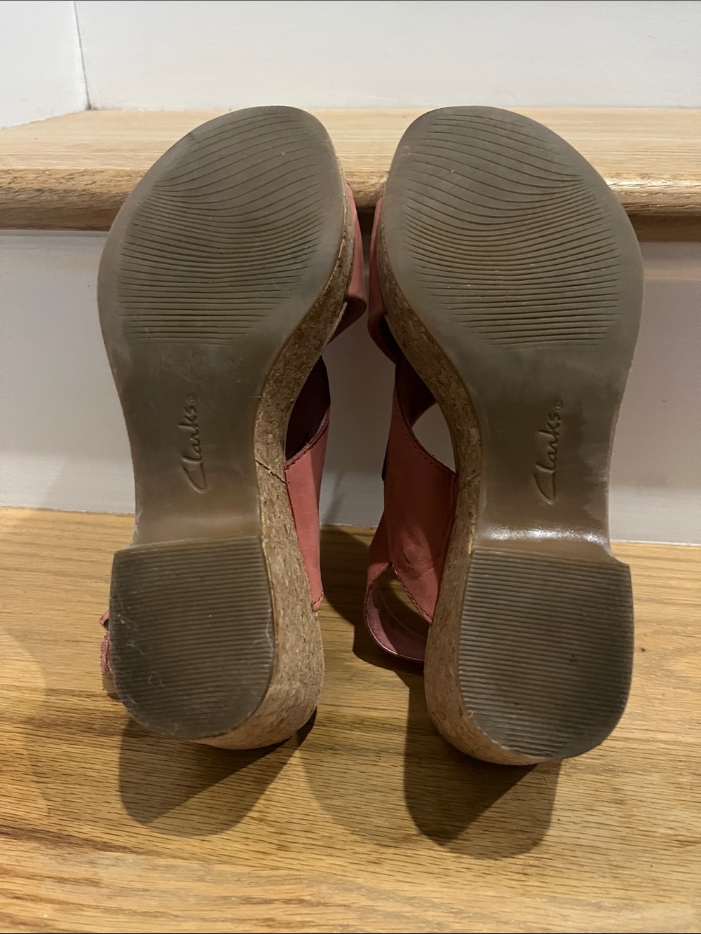 Clarks Coral Pink Crisscross Cork Wedge Sandals - Picture 6 of 6